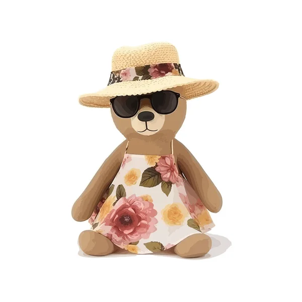 泰迪戴着太阳镜 头戴草帽 穿着裙子 矢量图解设计 — 图库矢量图片