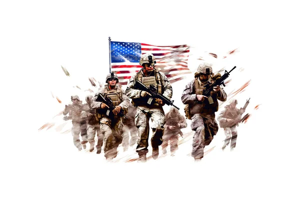 Amerikan Bayrağının Arka Planındaki Asker Vektör Illüstrasyon Tasarımı — Stok Vektör