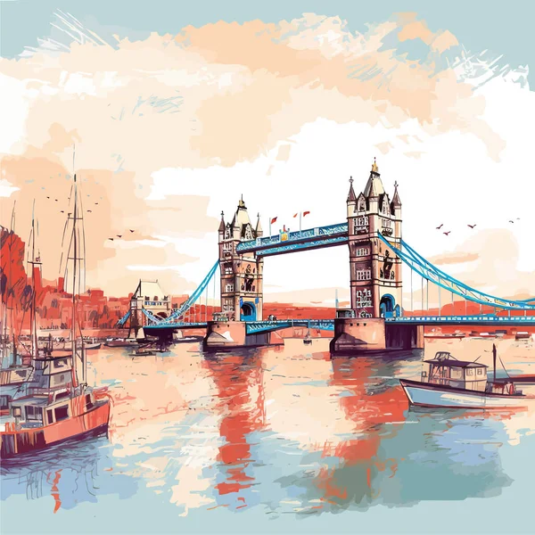 Río Thamespanorama Con Puente Torre Diseño Ilustración Vectorial — Vector de stock
