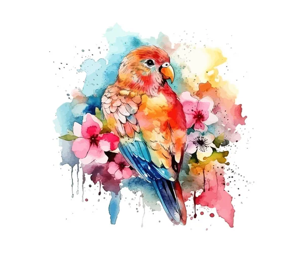 Parrot Flowers Watercolor Vector Illustration Design — Stock Vector