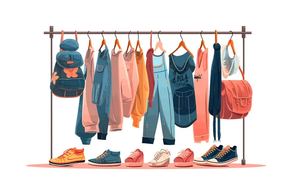 Different Denim Clothes Shoes Hanging Rack Vector Illustration Design — Stock Vector
