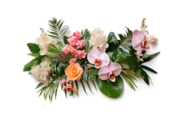 Rosa Rosa Flores Orquídea Con Hoja Verde Tropical Diseño Ilustración — Vector de stock
