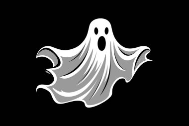 Gerçekçi cadılar bayramı şirin hayalet çarşafı logosu. Vektör illüstrasyon tasarımı.