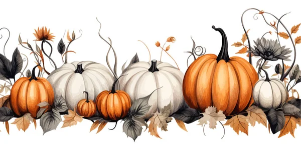 Bordure Sans Couture Halloween Avec Des Citrouilles Fleurs Noires Illustration — Image vectorielle