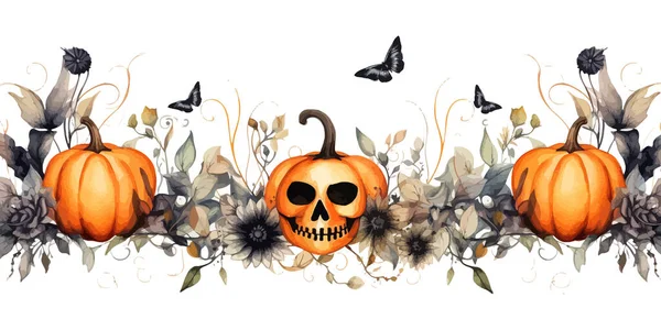 Halloween Zökkenőmentes Határ Tök Fekete Virágok Vektor Illusztrációjának Kialakítása — Stock Vector