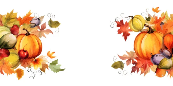 Herfst Panorama Pompoenen Kleurrijke Aquarel Frame Herfst Ontwerp Van Vectorillustraties — Stockvector
