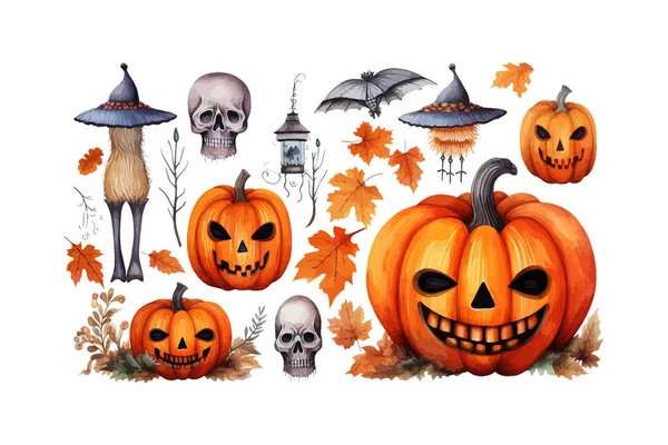 Akvarell Készlet Halloween Elemek Fényes Kézimunka Vektor Illusztrációjának Kialakítása — Stock Vector