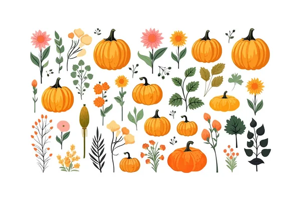 Muster Mit Kürbisblättern Und Blüten Cartoon Herbst Vektor Illustrationsdesign — Stockvektor