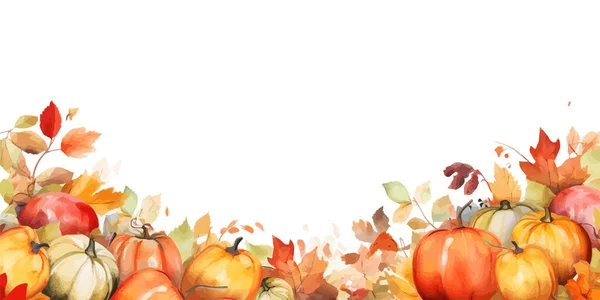 秋のパノラマとカボチャカラフルな水彩フレーム ベクトルイラストデザイン — ストックベクタ