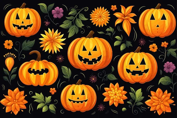 Pattern Pumpkins Leaves Flowers Cartoon Autumn Vector Illustration Design — Stock Vector