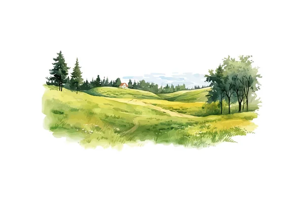 小山上的水彩场 草绿色的草地 矢量图解设计 — 图库矢量图片