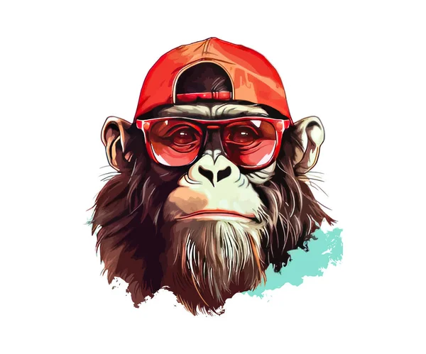 Ritratto Scimmia Con Cappuccio Rosso Occhiali Sole Progettazione Illustrazione Vettoriale — Vettoriale Stock