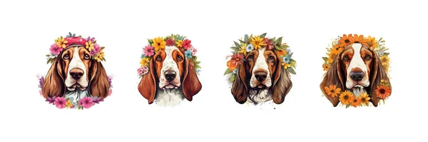 Basset Hound Hippie Retrato Una Corona Floral Diseño Ilustración Vectorial — Vector de stock