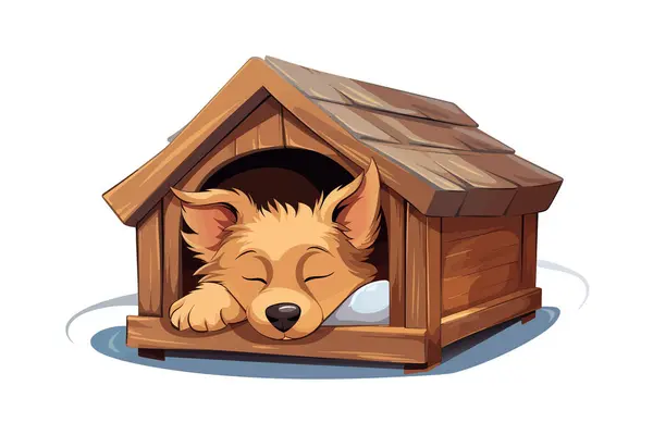 Desenhos Animados Bonito Cão Adormecido Canil Madeira Desenho Ilustração Vetorial —  Vetores de Stock