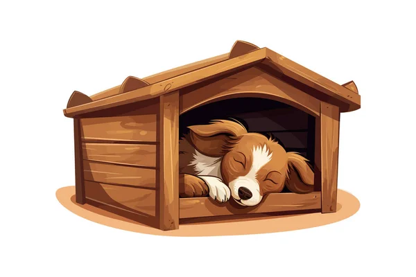 Dibujos Animados Lindo Perro Dormido Perrera Madera Diseño Ilustración Vectorial — Vector de stock