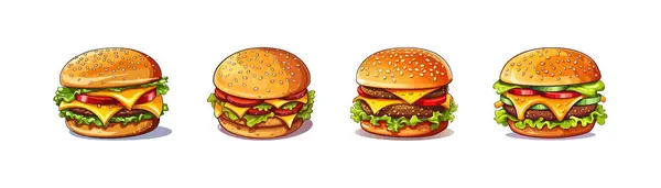 Kreskówkowy Smaczny Duży Hamburger Serem Sezamem Projekt Ilustracji Wektorowej — Wektor stockowy