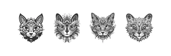 Cat Menghadapi Stensil Hitam Memotong Mandala Desain Ilustrasi Vektor - Stok Vektor