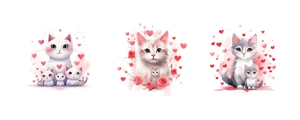 Słodki Kot Sercami Dzień Matki Białe Tło Projekt Ilustracji Wektorowej — Wektor stockowy