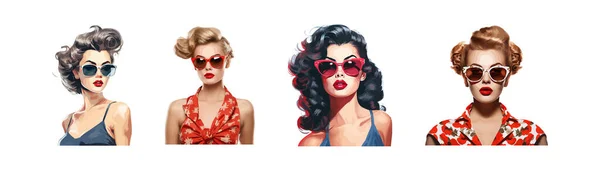 Gaya Retro Fashion Wanita Mengenakan Trendi Kacamata Hitam Desain Ilustrasi - Stok Vektor