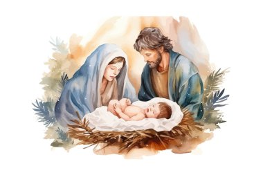Noel Doğum Sahnesi. Suluboya. Vektör illüstrasyon tasarımı.