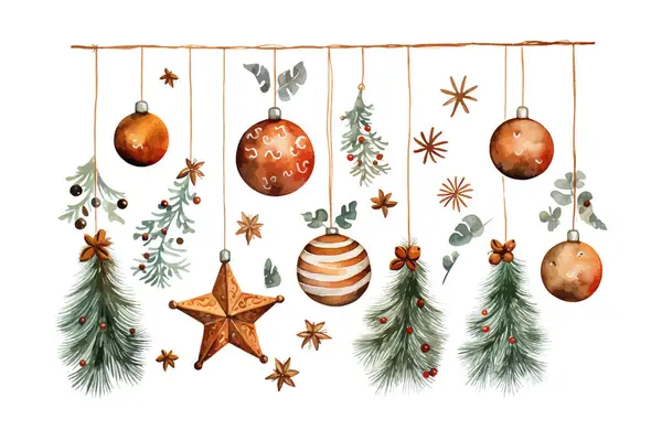 火の枝が付いているクリスマスの水彩 ベクトルイラストデザイン — ストックベクタ