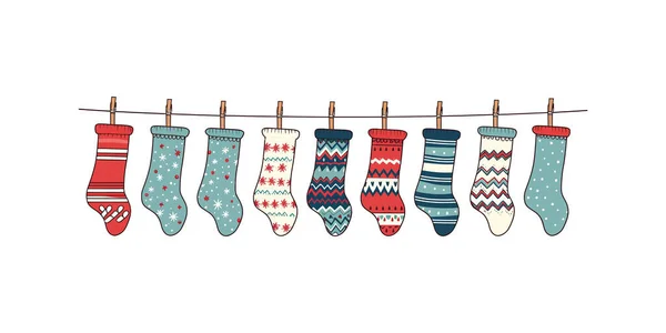 Мультфільм Doodle Набір Різдвяних Шкарпеток Кольорі Векторний Дизайн Ілюстрації — стоковий вектор