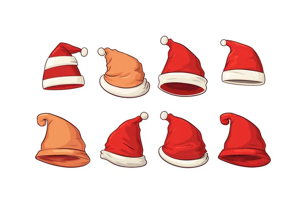 Kritzelset Mit Roten Weihnachtsmützen New Year Red Hat Vektor Illustrationsdesign — Stockvektor