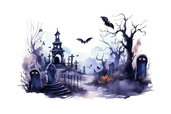 Acquerello Spaventoso Halloween Cimitero Clipart Progettazione Illustrazione Vettoriale — Vettoriale Stock