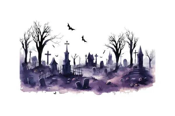 Akwarela Upiorny Halloween Cmentarz Clipart Projekt Ilustracji Wektorowej — Wektor stockowy