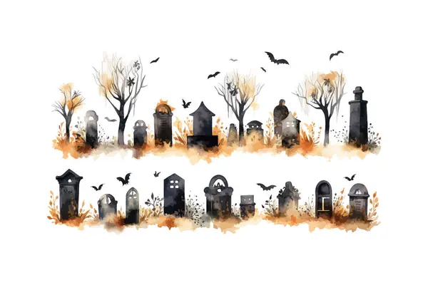 Acquerello Spaventoso Halloween Cimitero Clipart Progettazione Illustrazione Vettoriale — Vettoriale Stock