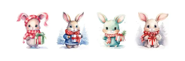 圣诞兔子的卡通风格 水彩画矢量图解设计 — 图库矢量图片