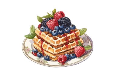 Klasik oymalı meyveli waffle 'lar. Vektör illüstrasyon tasarımı.