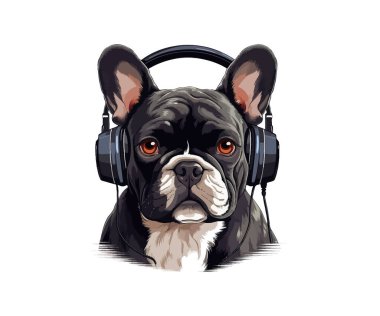 Kulaklıklı Fransız bulldog portresi. Vektör illüstrasyon tasarımı.