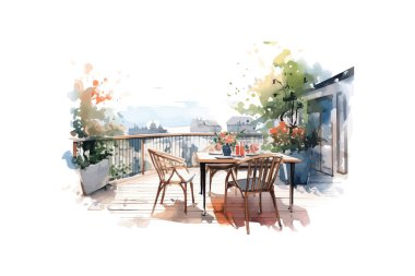 Açık hava verandası senaryosu çizimi. Suluboya. Vektör illüstrasyon tasarımı.