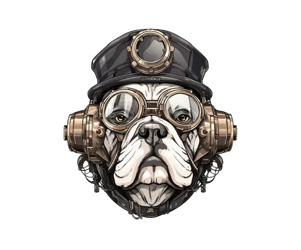 Steampunk miğferinde Bulldog portresi. Vektör illüstrasyon tasarımı.