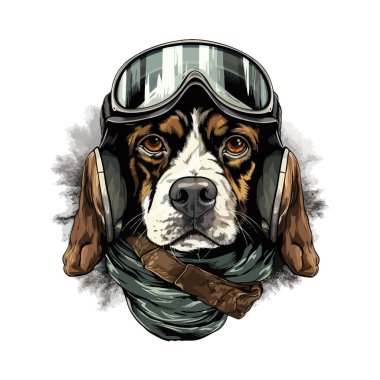 Retro motosiklet kaskı takan bir köpeğin portresi. Vektör illüstrasyon tasarımı.