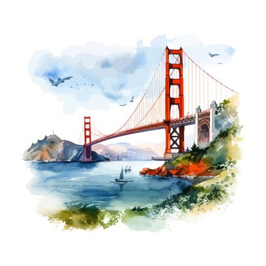 Golden Gate Köprüsü suluboya. Vektör illüstrasyon tasarımı. 