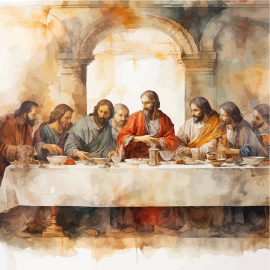 İsa ve havarilerinin suluboya son yemeği. Vektör illüstrasyon tasarımı.