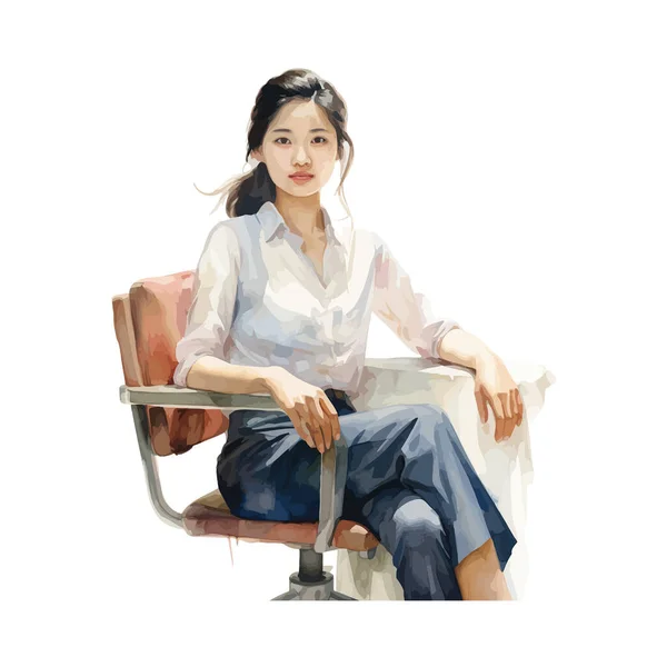 stock vector Chinese woman sitting on an office chair watercolor. Vector illustration design.