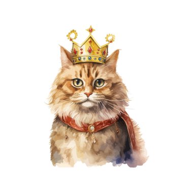 Crown Watercolor 'daki Majestic Cat. Vektör illüstrasyon tasarımı.
