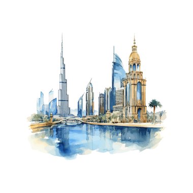 Burj Halife ile Dubai 'nin suluboya silueti. Vektör illüstrasyon tasarımı.