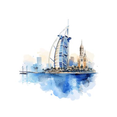 Burj Al Arab ve Dubai Skyline Suluboya. Vektör illüstrasyon tasarımı.