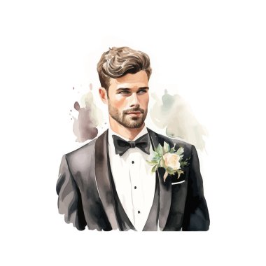 Smokin Suluboya Portre 'deki Yakışıklı Damat. Vektör illüstrasyon tasarımı.