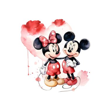 Minnie ve Mickey mouse suluboya stiline bayılır. Vektör illüstrasyon tasarımı.