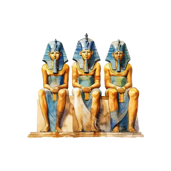 Akvarel Starověké Egyptské Faraonovy Sochy Trio Návrh Vektorové Ilustrace Stock Ilustrace