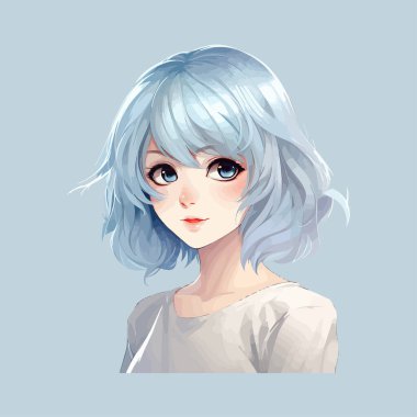 Mavi Saçlı Anime Style Girl Portresi. Vektör illüstrasyon tasarımı.