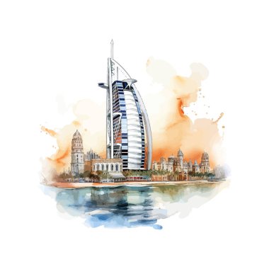 Dubai 'deki Burj Al Arab' ın suluboya resmi. Vektör illüstrasyon tasarımı.
