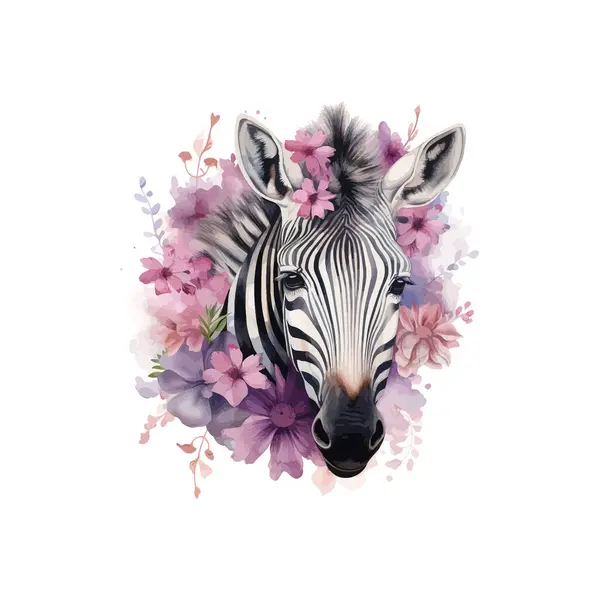 stock vector Zebra Illustration with Blooming Flowers Frame watercolor. Vector illustration design.