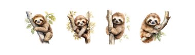 Set of Watercolor Painted Sloths on Branches. Vector illustration design. clipart