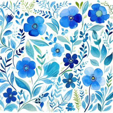 Tekstil için kusursuz mavi çiçekli suluboya deseni. Vektör illüstrasyon tasarımı.
